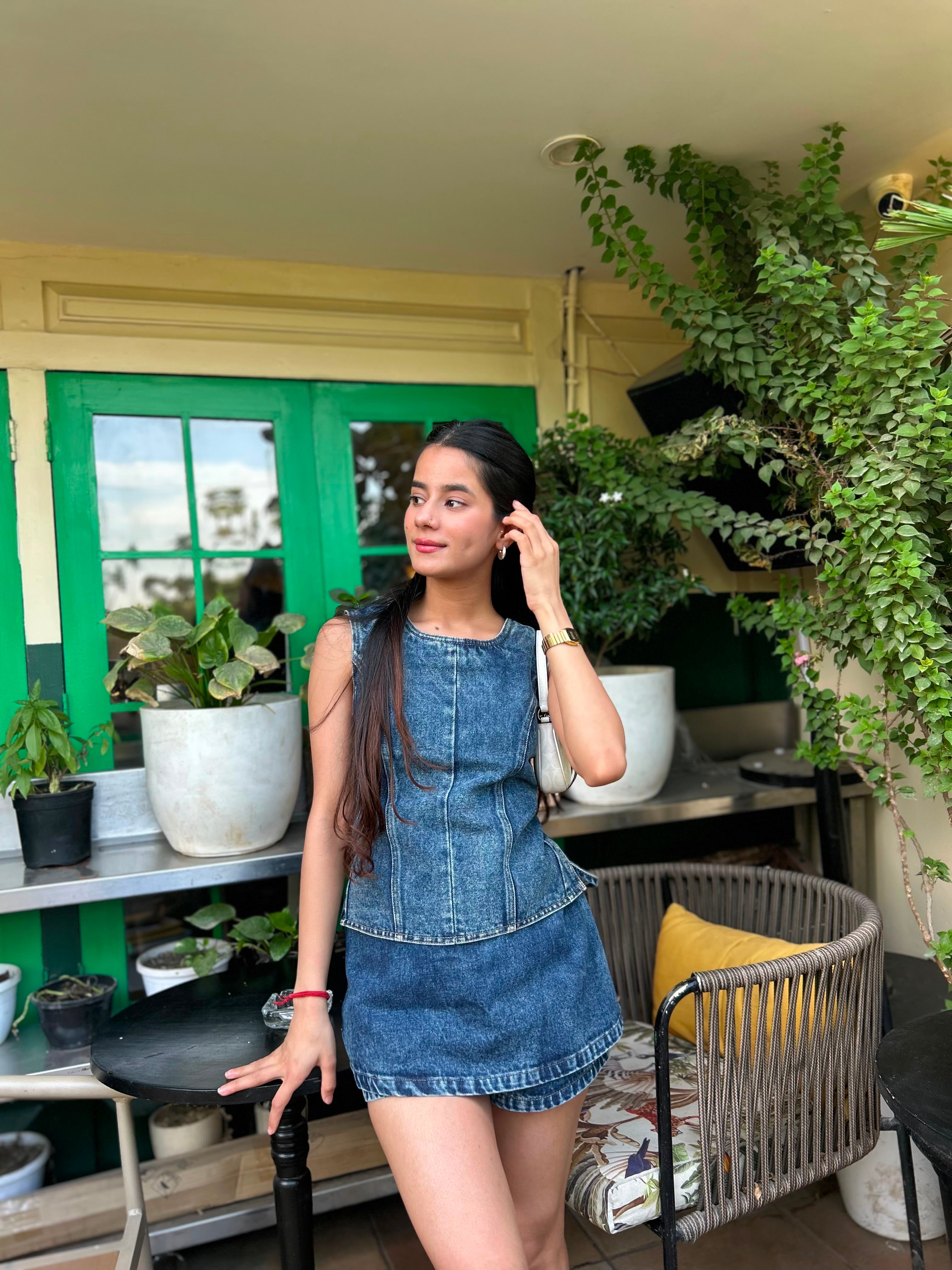 Denim open back cord with shorts