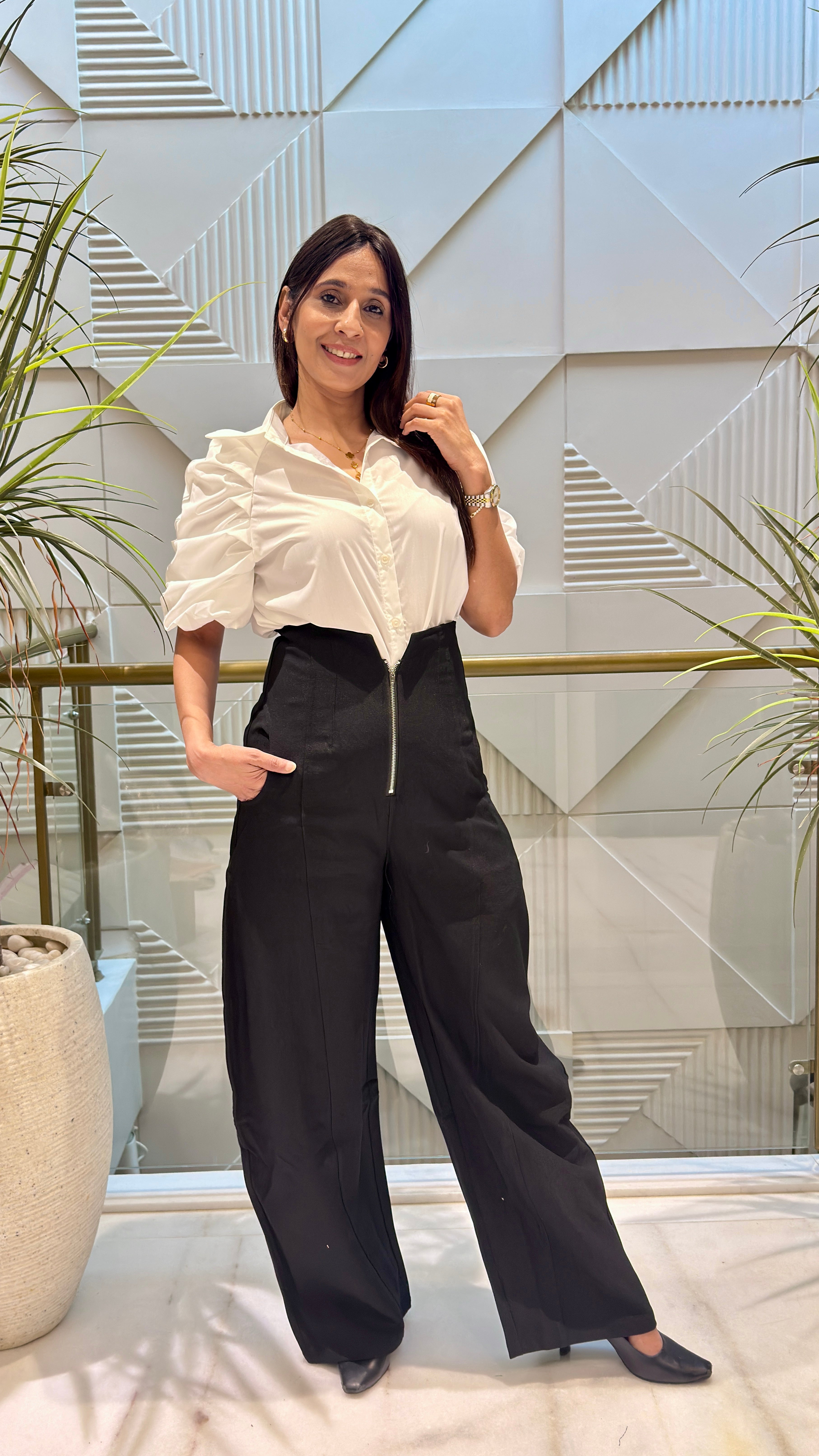 Cotton balloon high waist pant with front zip